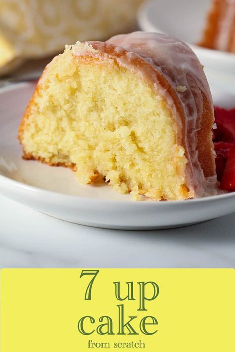 7 up cake made from scratch is moist and delicious. It tastes light and refreshing because of the lemon-lime flavored soda in the cake. It's perfect anytime of year but would make a great dessert for Easter or spring brunch. Five Flavor Pound Cake, Lemon Bundt Cake Recipe, 7 Up Cake, Coconut Cakes, Soda Cake, Lemon Cakes, Lemon Pound Cake Recipe, Lemon Bundt Cake, Lemon Yogurt