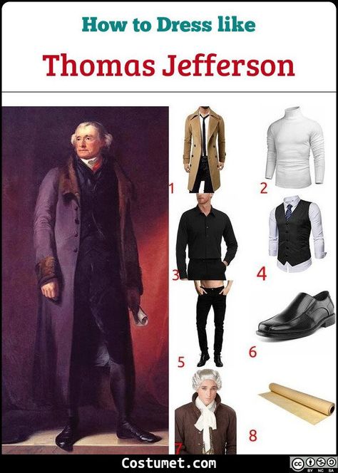 Thomas Jefferson costume is made of a long coat, inner vest and shirt, pants, and dress shoes. To complete his look, wear a colonial wig and carry a scroll for props.           #Male #male #old #personality #politician #president #ThomasJefferson Thomas Jefferson Costume Diy, Founding Fathers Costume, Thomas Jefferson Costume, Colonial Wigs, Box Costumes, Black Button Down Shirt, American Presidents, James Madison, Long Black Coat