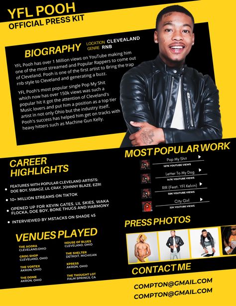 This 1-page electronic press kit template for bands, singers, and musicians is the perfect way to professionally introduce yourself to venues, festivals, press, and promotors ready to land the gig of your dreams!  The media kit template for music artists includes an artist's bio, links to your music, photos, a summary of your past performances, and your contact details. You can input all of your own information, including your own photos,this electronic press kit for musicians template. Epk Press Kit Music Template, Epk Press Kit Music, Musician Portfolio, Music Press Kit, Dj Profile, Press Kit Design, Visual Moodboard, Press Kit Template, Electronic Press Kit