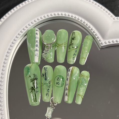 Nails shape Press On Sizing Chart, Lunar New Year Nails Dragon, Year Of The Dragon Nails, Korean Inspired Nails, Jade Nails Designs, Jade Green Nails Acrylic, Chinese Nails Designs, Bamboo Nails, Chinese Nails