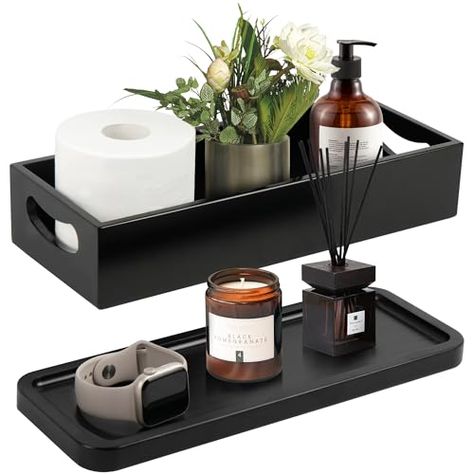 LotFancy Bathroom Decor Box and Vanity Tray, Set of 2, Wooden Toilet Tank Basket Topper, Bathroom Tray for Counter, Black Farmhouse Bathroom Decor Black Farmhouse Bathroom, Toilet Tank Basket, Makeup Desks, Bamboo Vanity, Bathroom Box, Wooden Toilet, Spa Kitchen, Wood Toilet, Bathroom Vanity Tray