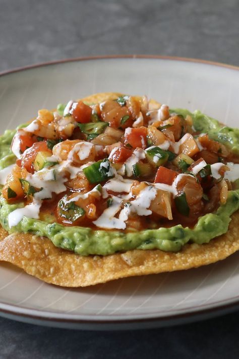 Deviled Shrimp Tostadas Deviled Shrimp, Shrimp Tostada, Shrimp Tostadas, Tostada Recipes, Avocado Spread, Fried Tortillas, Juicy Shrimp, Chef John, Fried Corn