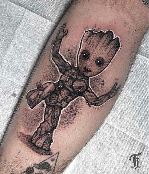 Groot Tattoo Ideas, Groot Tattoo, Pop Culture Tattoos, Bicep Tattoo Men, Culture Tattoos, Stitch Tattoo, Japanese Dragon Tattoo, Comic Tattoo, Marvel Tattoos