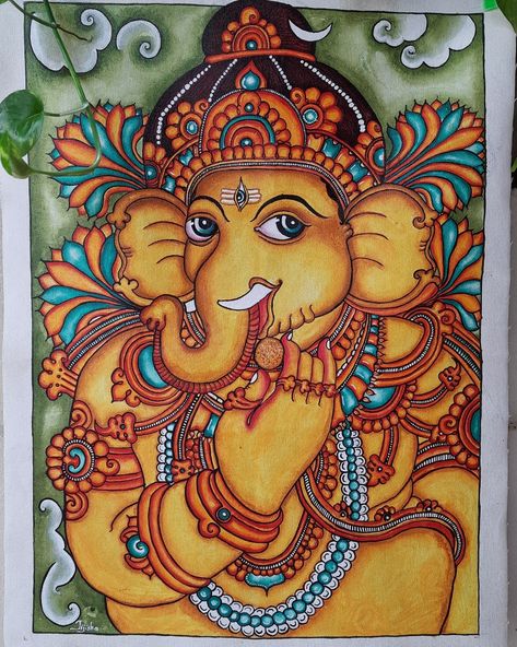 Ganesha Mural Painting, Mural Ganesha, Divine Paintings, Pookalam Design, Cute Panda Drawing, Mural Paintings, Ganesh Art Paintings, Panda Drawing, Modern Art Canvas Painting