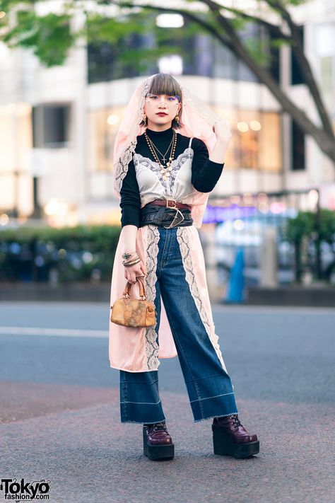 The Mondays Lace Robe, Camisole Top, Layered Belts, Yosuke Purple Boots & Alviero Martini Map Bag Cami Layering Outfit, Lace Layered Outfit, Lace Layering Top Outfit, Layered Belts, Aesthetic Chaos, Lace Layering Top, White Camisole Top, Turtleneck Layering, Japanese Student