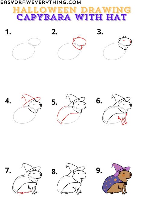 Halloween capybara drawing How To Draw A Capybara, How To Draw Capybara, Things To Draw For Halloween, Capybara Drawing Simple, Cute Capybara Drawing, Halloween Capybara, Capybara Drawing, Draw Halloween, Easy Things To Draw