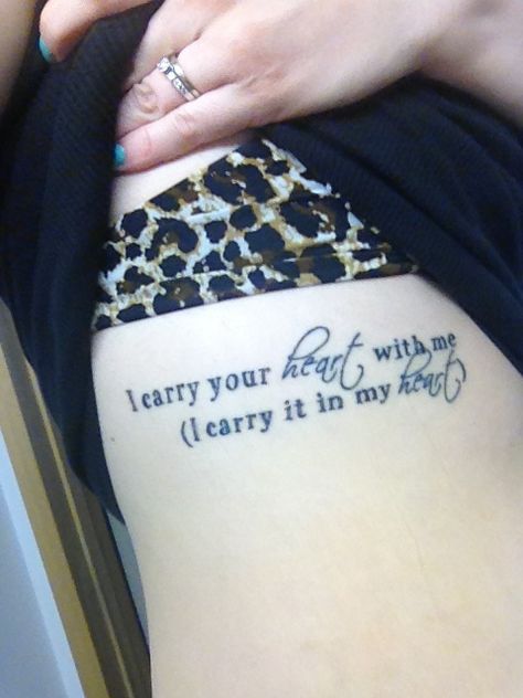 i carry your heart tattoo  | Rib tattoo: I carry your heart with me (I carry it ... | things I lov ... I Carry Your Heart Tattoo, Mine Tattoo, Mixed Fonts, Tattoo Rib, Tattoo Ribs, Tattoo Heart, I Carry Your Heart, Typewriter Font, Dad Tattoos