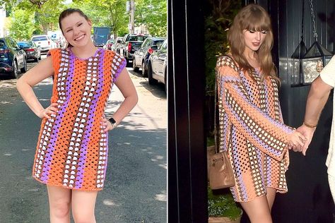 Swiftie Recreates Taylor Swift's Colorful Striped Crochet Minidress for $11 in Just 12 Hours: 'Crafting Era' (Exclusive) Taylor Swift Crochet Dress, Taylor Swift Dress, Photos Of Taylor Swift, Blanket Designs, Celebrity Entertainment, Crochet Dress, Summer Looks, Granny Square, Celebrity News