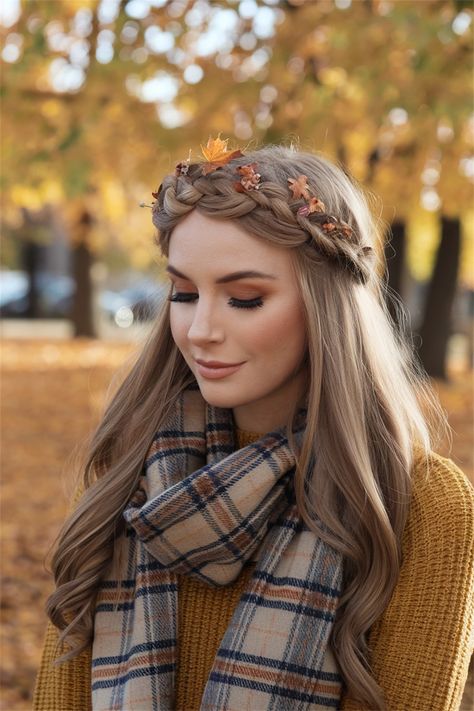 Embrace the charm of Fall with this adorable twisted half-up hairstyle, perfect for those crisp autumn days. This effortless look combines elegance and warmth, making it one of the most cute hairstyles you'll love to wear. Pair it with your favorite cozy sweater or a stylish scarf for a complete seasonal vibe. Let your hair shine this Fall with this delightful hairstyle! Autumn Hairstyles Long Hair, Cute Autumn Hairstyles, Autumn Hairstyles Fall, Sleepover Hairstyles, Autumn Hair Styles, Autumn Sleepover, Autumn Hairstyles, Fall Hair Accessories, Fall Costume