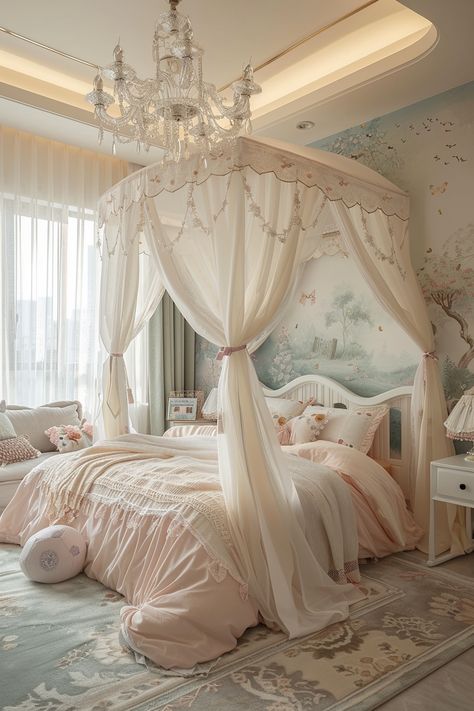 Transform Your Bedroom into a Luxurious Retreat with These Elegant Decor Ideas Canopy Bed Pink, Bed Canopy Aesthetic, Canopy Bed Aesthetic, Pink Canopy Bed, Bed Canopy Ideas, Whimsical Mural, Ethereal Bedroom, French Canopy Bed, Decorated Bedroom