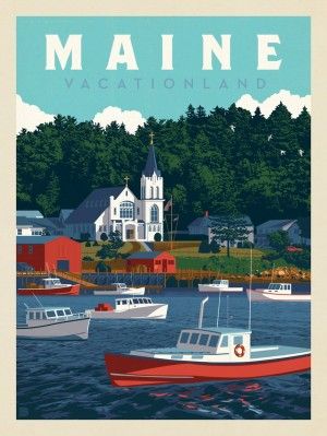 Maine: Vacationland Boothbay Harbor Maine, Beach House Coastal, House Coastal, Boothbay Harbor, Anderson Design Group, Retro Artwork, Maine Travel, Retro Travel Poster, American Travel