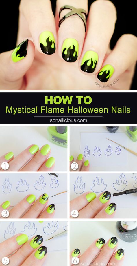 Halloween Nail Art HOW TO: http://sonailicious.com/mystical-flame-halloween-nails-tutorial/ Halloween Nail Art Tutorial, Diy Nails Easy, Nailart Tutorial, Halloween Nail Art Easy, Flame Nails, Flame Nail Art, Halloween Nails Diy, Halloween Nails Easy, Nail Art Tutorials