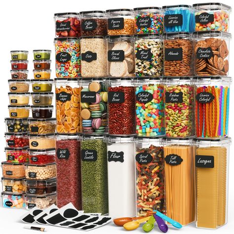 PRICES MAY VARY. Biggest Pantry Organizer Set: Get everything you need with our biggest and largest ever Variety Bundle! You'll receive 48 BPA-free premium containers for food, a measuring spoon set, 57 reusable chalkboard labels chalkboard Marker. Keep your pantry organized effortlessly. Highest Total Storing Capacity: Unlike rest of the sets out there, our bundle offers more storing capacity of 80 Liters. It includes 6 extra-large containers (2.8 liters), 6 large containers (2.0 liters), 6 med Sugar Storage, Pantry Organisation, Dry Food Storage, Kitchen Storage Boxes, Containers With Lids, Food Storage Container Set, Food Storage Boxes, Airtight Food Storage, Airtight Food Storage Containers