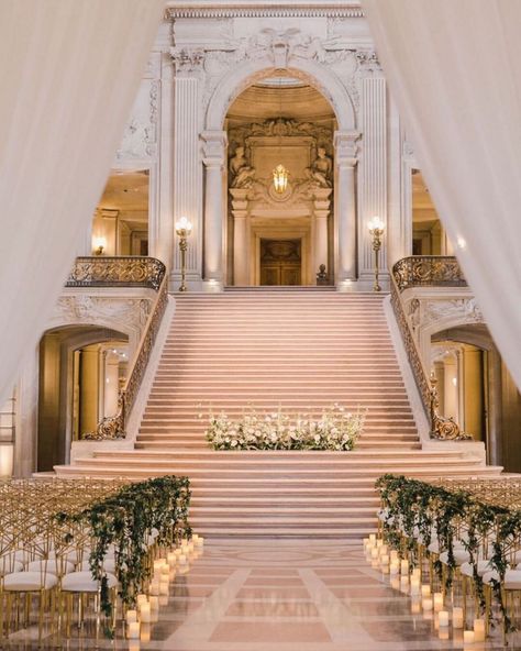 How enchanting is this ceremony at City Hall in San Francisco? #CasablancaChairs ⠀⠀⠀⠀⠀⠀⠀⠀⠀ ll Wedding Design & Planning: @blooming_wed l… Wedding Ceremony On Stairs, Wedding Stairs, Dream Marriage, Rental Wedding Dresses, Events Place, San Francisco City Hall Wedding, Palace Wedding, Mediterranean Wedding, San Francisco City Hall