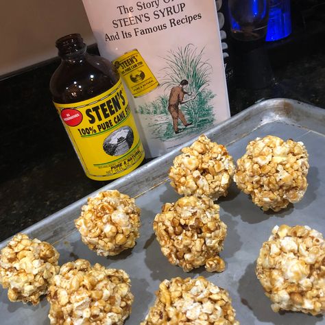 Popcorn Balls With Steen Syrup, Popcorn Balls Made With Molasses, Molasses Popcorn Balls Recipe, Cane Syrup Recipes, Molasses Popcorn Balls, Homemade Popcorn Balls, Popcorn Balls Recipe Easy, Authentic Cajun Recipes, Marshmallow Popcorn Balls