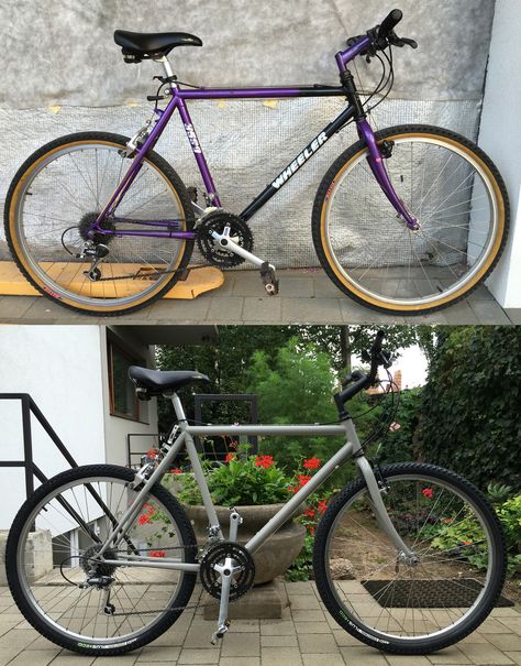 My 25y old Wheeler 3590 bike, before and after renovation process. New paint RAL 7030. New front v-brakes. Cycling Reference, Before And After Renovation, Bike Restoration, Renovation Process, Vintage Bikes, Horse Riding, Google Images, Cycling, Bicycle