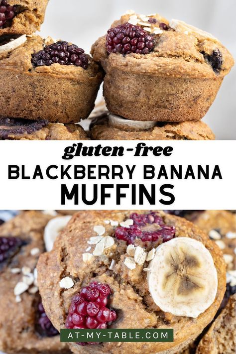 Close-up of gluten-free blackberry banana muffins, highlighting fresh blackberries and banana slices. Blackberry Muffin Recipe, Blackberry Oatmeal, Blackberry Muffins, Blackberry Muffin, Vegan Bagel, Muffins Vegan, Berry Muffins, Midday Snack, Lemon Muffins