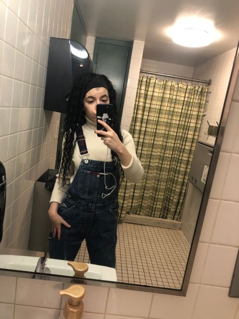 Wearing a White/Cream Comfy Turtle Neck, Vintage 90s Tommy Hilfiger Overalls, and Fila Sneakers Tommy Hilfiger Overalls, Fila Sneakers, 90s Tommy Hilfiger, White Cream, Vintage 90s, Overalls, Tommy Hilfiger, Turtle Neck, Mirror Selfie