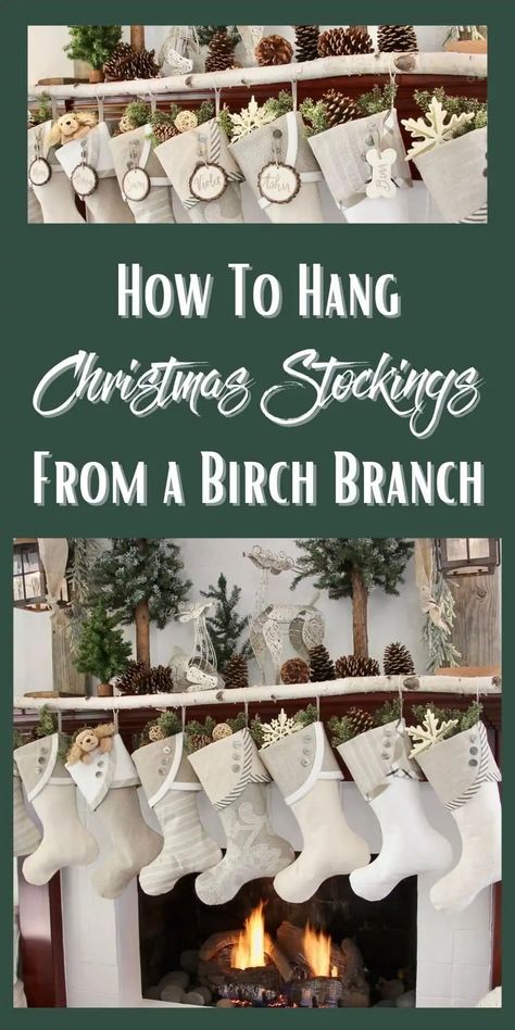 Stocking Hanging Ideas Mantle, Branch Stocking Holder, Tree Branch Stocking Holder, Ways To Hang Stockings On Mantle, How To Hang Stockings On Mantel, No Mantel Stocking Ideas, Stocking Hangers Mantle, Stockings On Staircase, Christmas Sticking