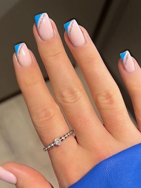 winter nail design: blue side tips French Manicure With Blue Design, Teal Wedding Nails For Bride, Purple French Manicure, Ombre French Nails, French Manicure Nail Designs, Gel Manicure Colors, Nail Polish Colors Winter, French Tip Gel Nails, Purple Ombre Nails