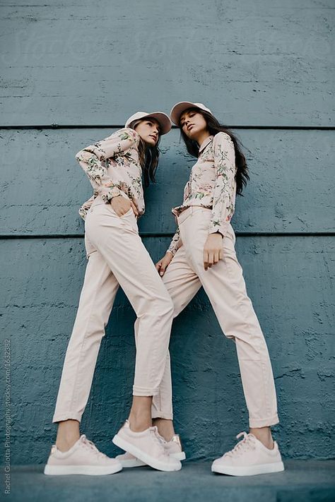 Two Women in Matching Pink Outfits by Rachel Gulotta Photography for Stocksy United Matching Pink Outfits, Photoshoot Angles, Models Posing, Fashion Photography School, Twin Photography, Sisters Photoshoot, Photography Pics, Photoshoot Idea, Friend Poses Photography