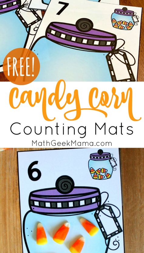 {FREE} Candy Corn Counting: Printable Math Mats Candy Corn Counting, Halloween Counting, October Math, Fall Math Activities, Counting Mats, Halloween Centers, Math Mats, October Activities, Math Geek