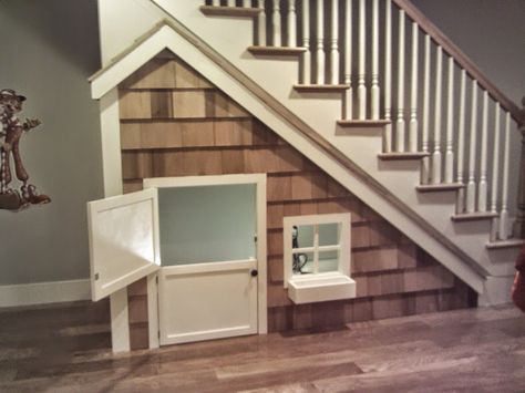 Built In Dog Bed Under Stairs, Indoor Playhouse Ideas, Stair Playhouse, Ideas Under The Stairs, Basement Playhouse, Stair Skirt, Stairs Nook, Under Stairs Playhouse, Under Stairs Playroom