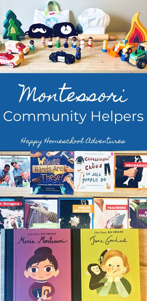 imaginative play community helper items, and books for montessori unit study Preschool Community Helpers Theme, Community Helpers Kindergarten, Community Helpers Crafts, Community Helpers Activities, Community Helpers Unit, Kindergarten Units, Montessori Geography, Community Helpers Theme, Community Helpers Preschool