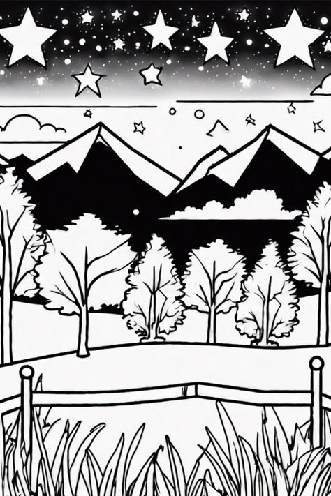 Get ready to unwind and express your creativity with the Starry Night Over Mountains coloring page! Picture a soothing night with bright stars lighting up the sky while majestic mountains stand tall. You can add your personal touch to the ever-changing scene by choosing your favorite colors for the grass, trees, and the rustic fence. This coloring page is perfect for relaxing moments or a fun activity with friends and family Sky Coloring Pages, Forest Coloring Pages, Enchanted Forest Coloring, Mountains And Trees, Space Coloring Pages, Star Coloring Pages, Rustic Fence, Peaceful Night, Twilight Sky