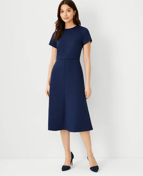 The Petite Midi Flare Dress in Double Knit | Ann Taylor Petite Womens Clothing, Midi Flare Dress, Dress For Petite Women, Stylish Petite, Work Dresses For Women, Knitted Suit, Feminine Dress, Ann Taylor Dresses, Double Knit