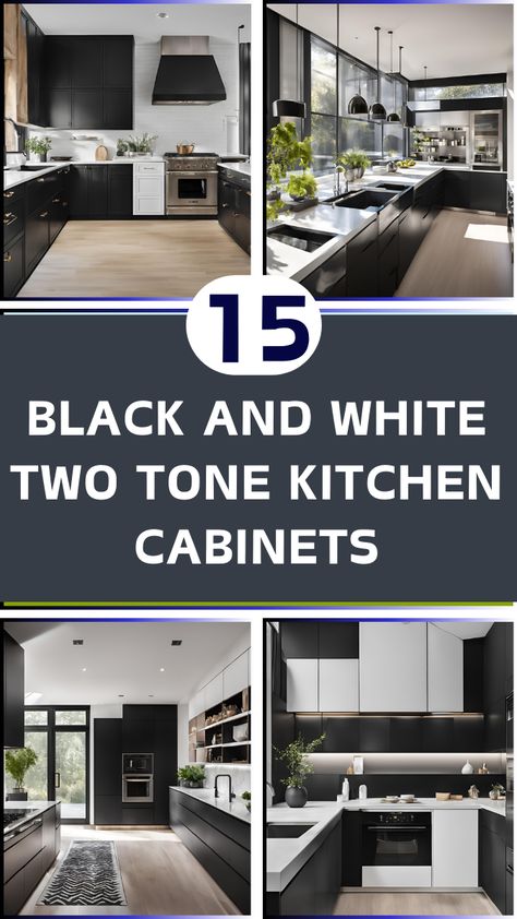 15 Budget-Friendly Black and White Cabinet Ideas for Any Kitchen Kitchen With Black And White Cabinets, Black And White Two Tone Kitchen, Two Tone Kitchen Cabinets Wood And White, Kitchen Cabinets Black And White, Black And White Kitchen Cabinets, Black And White Cabinet, Kitchen Cabinets Inspiration, Black And White Cabinets, Two Toned Kitchen Cabinets