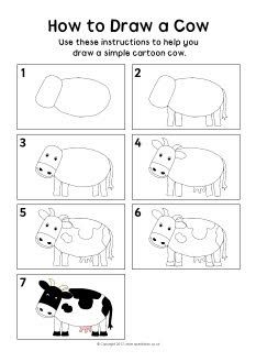 Muzische vorming: hoe teken ik een koe?  How to Draw a Cow instructions sheet (SB8807) - SparkleBox Draw A Cow, Trin For Trin Tegning, Art Handouts, How To Draw Steps, Directed Drawing, Printables Free Kids, Cow Art, Drawing Projects, A Cow