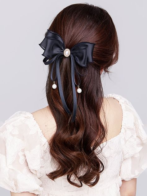 Black Casual   Mesh Plain Alligator Hair Clip Embellished   Women Accessories Hair Bow Aesthetic, Black Hair Bow, Bow Aesthetic, Alligator Hair Clip, Pearl Bow, Ribbon Headbands, Bow Decor, Hair Accessories Clips, Luxury Aesthetic