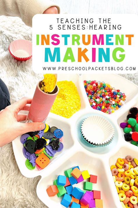 The first activity I set up for my little learners is creating their own instruments at the music-making station. This is a must if you are doing a 5 senses unit. 5 Senses For Kids, 5 Senses Craft, 5 Senses Preschool, Five Senses Preschool, 5 Senses Activities, Sense Of Hearing, Senses Preschool, My Five Senses, Couple Fun