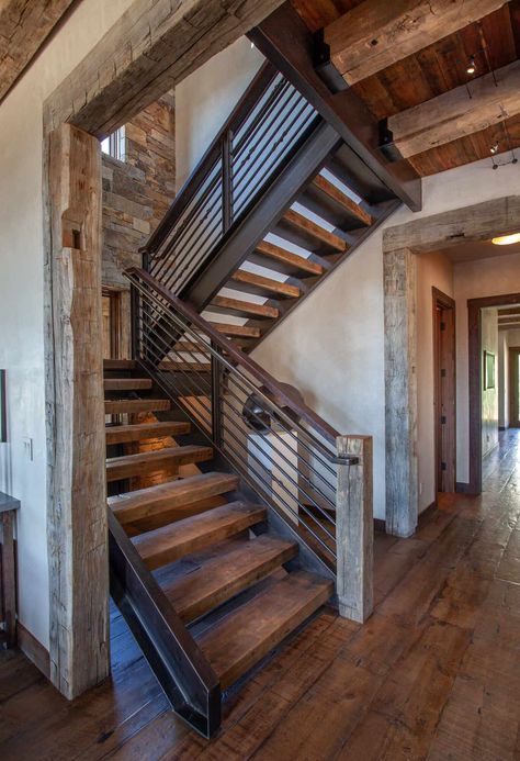 A beautiful Rocky Mountain home with a modern rustic farmhouse feel Rustic Staircase, Rustic Stairs, House Staircase, Modern Rustic Farmhouse, Timber Frame Construction, Open Staircase, Wood Staircase, House Stairs, Barndominium Ideas