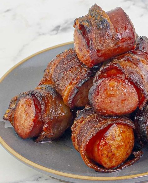 Bourbon Brown Sugar Bacon Wrapped Sausages - SAVOR With Jennifer Bacon Sausage Wraps, Bacon Wrapped Conecuh Sausage, Bacon Wrapped Cocktail Weenies, Bacon Wrapped Weenies With Brown Sugar, Bacon Wrapped Brats In Oven, Bacon Wrapped Weiners, Sausage Wrapped In Bacon, Sweet And Spicy Bacon, How To Make Bourbon