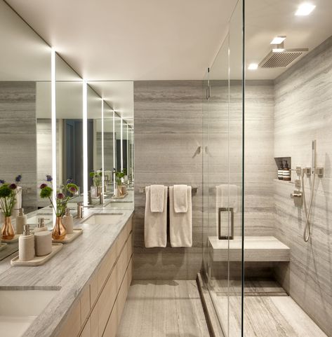 Battery Park Duplex - Modern - Bathroom - New York - by Sergio Mercado Design Travertine Floors Bathroom, Travertine Tile Bathroom, Contemporary Bathroom Remodel, Travertine Shower, Travertine Bathroom, Modern Bathroom Renovations, Bathroom Design Small Modern, Modern Bathroom Remodel, Modern Bathroom Lighting