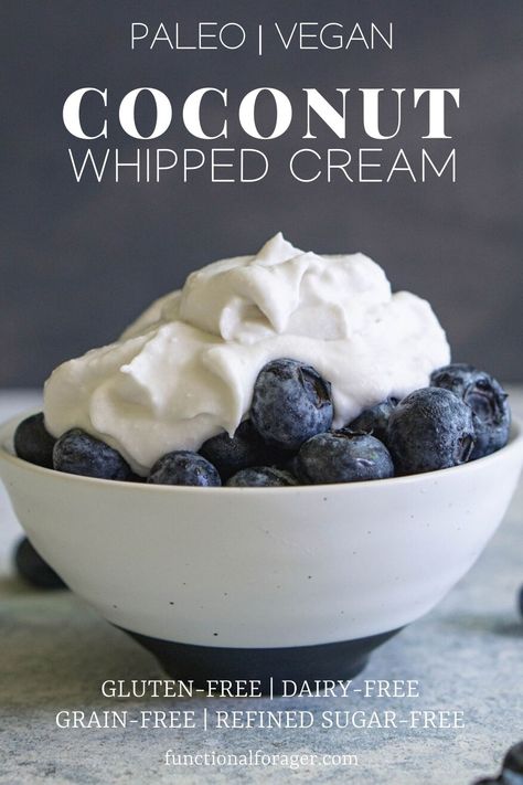 Paleo vegan coconut whipped cream makes a delicious Aip Cupcakes, Coconut Cream Whipped Cream, Paleo Whipped Cream, Coconut Cream Sauce, Diy Whipped Cream, Coconut Whipped Cream Recipe, Paleo Dessert Recipes Easy, Coconut Milk Whipped Cream, Coconut Milk Dessert