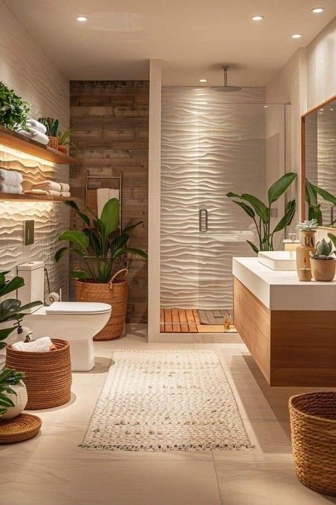 Natural Style Interior Design, Two Basins Bathroom, Natural Bathroom Aesthetic, Apartment Nature Aesthetic, Minimalistic Bathroom Ideas, Bathroom Decor Ideas Plants, Bathroom Relaxing Decor, Bamboo Room Design, Bathroom Soft Lighting