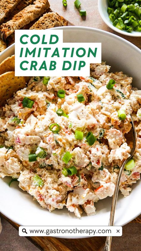 bowl of imitation crab dip with a spoon and crackers. Crab Dip Appetizers, Crab Dip Recipe Cold, Crab Dip Cold, Crab Dip Recipe, Cold Dip Recipes, Crab Appetizer, Seafood Dip, Easy Dip, Crab Dishes