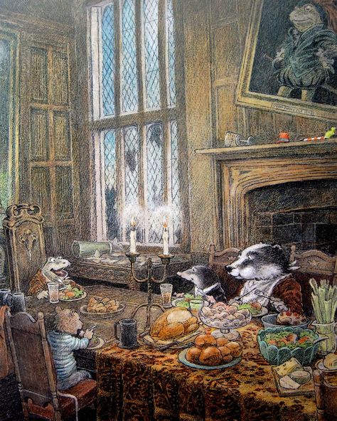 When the band of heroes finally regains Toad Hall for their dear friend Toad, they enjoy a family style dinner around his table. What a wonderful scene! This also makes me wonder if any of them had families, or perhaps if the characters were meant to be orphans for the sake of their friendship in the novel? Interesting things to ponder! Inga Moore, The Wind In The Willows, Mr Toad, Wind In The Willows, Fairytale Illustration, Fairytale Art, Art Et Illustration, Childrens Stories, Arte Animal