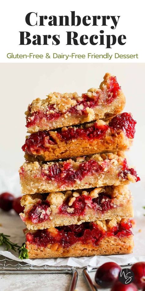 Cranberry Bars - Enjoy fresh cranberry bars complete with a tart cranberry filling and zesty flavors all on top of a semi sweet, buttery rolled oat crust. This is sure to be one of your new favorite holiday desserts! These cranberry crumble bars are the perfect festive addition to your next holiday party or Christmas dessert spread. This recipe is dairy-free and gluten-free friendly. Whole 30 Cranberry Recipes, Gluten Dairy Free Christmas Desserts, Pumpkin Cranberry Bars, Cranberry Coconut Bars, Cranberry Gluten Free Recipes, What Can I Do With Fresh Cranberries, Gluten Free Cranberry Desserts, Gluten Free Cranberry Recipes, Dried Cranberry Recipes Easy