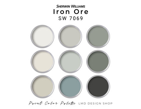 Sherwin Williams Iron Ore paint color palette features this popular deep, almost black color, blended with soft, muted colors for a cohesive look. Iron Ore Paint Color, Color Palette House, Iron Ore Paint, Palette House, Sherwin Williams Iron Ore, House Paint Palette, Iron Ore Sherwin Williams, Sherwin Williams Paint, Perfect Paint Color