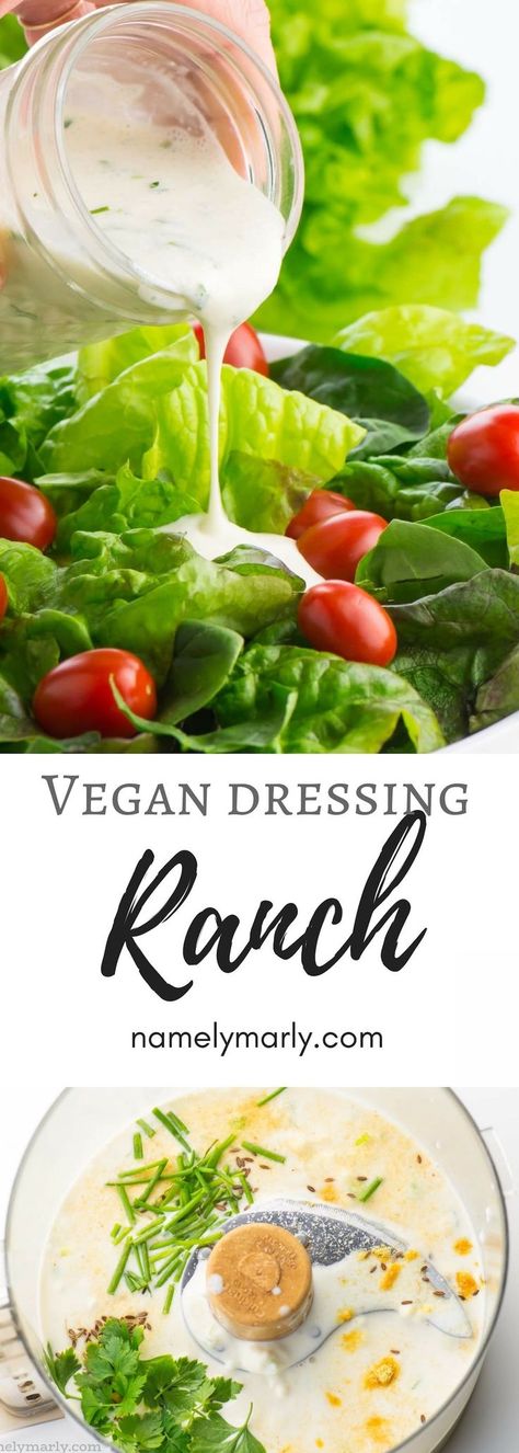 Ranch Dressing is probably the most popular dressing around. This vegan ranch dressing takes the traditional recipe to another level because it's dairy-free, but so creamy with a good herbal kick! This homemade dressing tastes better than store-bought dressings and only takes minutes to make and minimal ingredients.  #vegan #plantbased #namelymarly #ranch #salad via @namelymarly Dairy Free Ranch Recipe, Vegan Ranch Dip, Homemade Vegan Ranch Dressing, Vegan Dressings, Dairy Free Ranch Dressing, Vegan Sauce Recipes, Vegan Ranch Dressing, Ranch Salad, Vegan Dressing