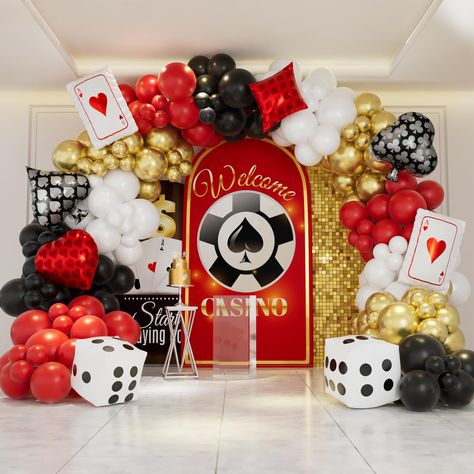 PRICES MAY VARY. Includes: 37 red balloons, 37 white balloons, 37 black balloons, 37 metallic gold balloons; 4 casino foil balloons (club shape, heart shape, diamond shape, spade shape), 2 dice shape foil balloons and 2 poker shape foil balloons. 1 ribbon, 100 glues and 1 balloon strip chain These balloons are made of natural latex. They are more resistant to oxidation than other brands Suitable for casino themed birthday parties, Las Vegas parties, bachelorette parties, and anniversary celebrat Birthday Party Decorations White, Las Vegas Themed Party, Poker Birthday Party, Vegas Themed Party, Las Vegas Party Decorations, Party Decorations White, Las Vegas Party Theme, Business Launch Party, Casino Theme Party