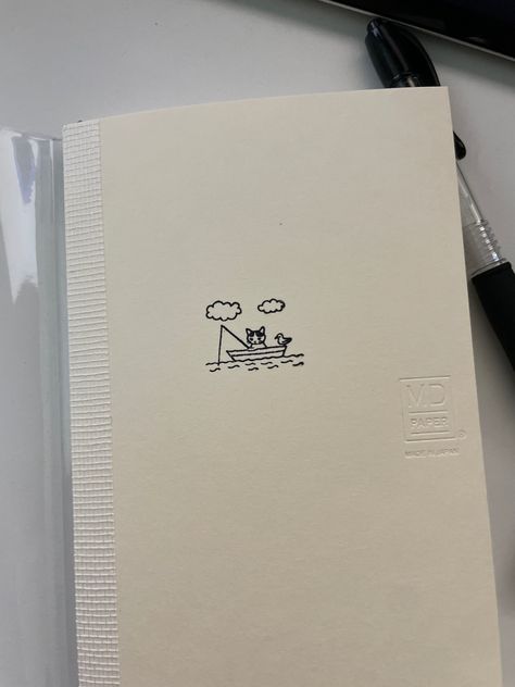 Cover page of midori B6 journal with a stamp of a cat fishing at sea Midori Journal Cover, Midori Journal Ideas, Midori Notebook Ideas, Muji Notebook Cover Ideas, 2024 Journal Cover, Book Bujo, Midori Journal, Muji Notebook, Journal Cover Page