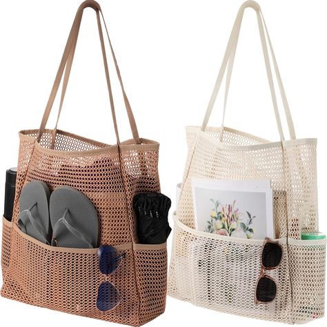 PRICES MAY VARY. Inclusive and Practical: the mesh beach tote bag has sufficient room for what you need for the beach and swimming; It measures approx. 15.4 x 6.3 x 14.6 inch/ 39 x 16 x 37 cm, which is large enough to hold various items without being bulky, making it more convenient for you 2 Colors for Daily Match: the package comes with 2 pieces of mesh tote bags for women, khaki and beige white respectively; The classic colors can easily match your daily style as well as your holiday style, a Toys Organizer, Waterproof Beach Bag, Summer Beach Bag, Mesh Beach Bags, Travel Handbag, Utility Bag, Pool Bags, Travel Handbags, Straw Bags