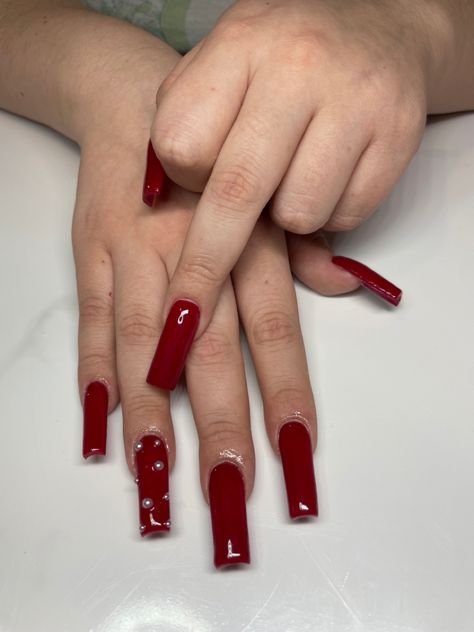 Pearl Red Nails, Red Nails Pearls, Red Nails With Pearls, Red Pearl Nails, Red Nails With Diamonds, Long Red Nails, Red Acrylic Nails, Pearl Nails, Diamond Nails