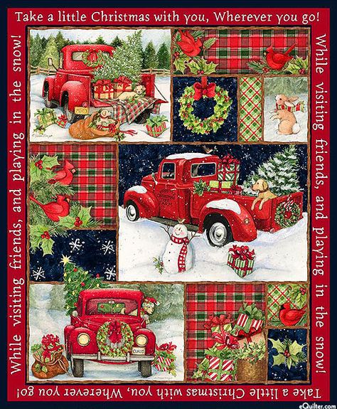 eQuilter Christmas - Red Truck Collage - Red - 36" x 44" PANEL Christmas Fabric Panels, Old Red Truck, Vintage Red Truck, Christmas Red Truck, Christmas Collage, Snowman Gifts, Holiday Quilts, Christmas Car, Christmas Truck