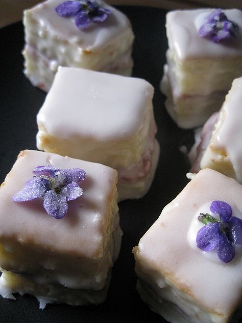 Almond Petit Fours, Sugared Violets, Petit Four Icing, Culinary Aesthetic, Megan Hess, Summer Baking, Sweet Flowers, Reception Food, Tea Party Food